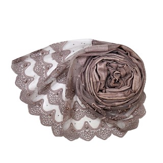 Designer Three Liner Mountain Design Hijab With Pearl - Brown